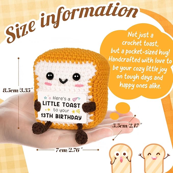 13th Birthday Gifts for Girls Boys, Cute Handmade Crochet Toast Decorations with 13th Bday Card, Unique Birthday Gifts for Teens 13, Gift for Son Daughter Grandchildren from Aunt Uncle