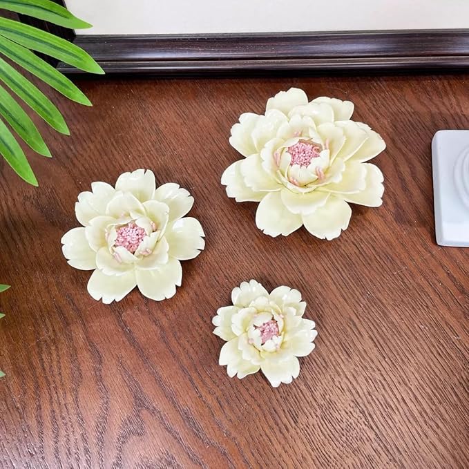 CEUYGT Handmade Ceramic Wall Flower Decor - Peony Home Wall Art, Perfect for Living Room, Bedroom, or Office Decoration (Yellow 01, Small)