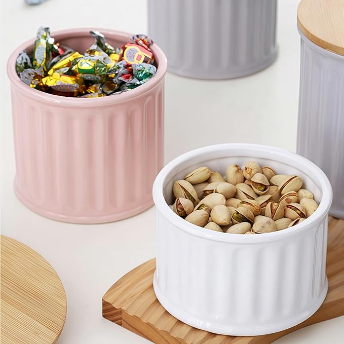 Ceramic Jar with Lid, Airtight 34oz Food Storage Canister for Coffee, Sugar, Tea, Spice, Flour, Decorative Countertop Container, Coffee Canister Sugar Container (White-Stripes)