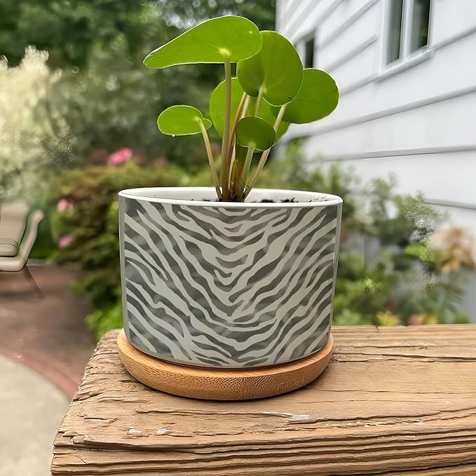 Tiger Fur Skin Planter Ceramic Animal Strip Print Round Flower Pots with Drainage Holes and Bamboo Tray Pot for Succulents Cactus Garden Windowsill