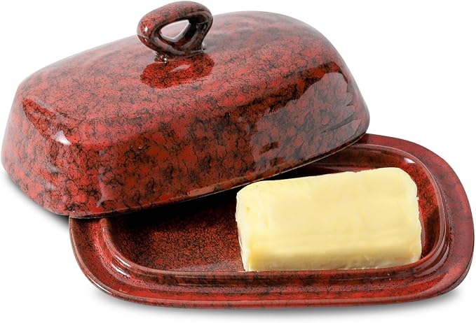 Hasense Butter Dish with Lid for Countertop and Refrigerator, Ceramic Butter Holder Container with Handle Cover, Porcelain Butter Tray Perfect for East West Coast Butter Stick, Dishwasher Safe, Red