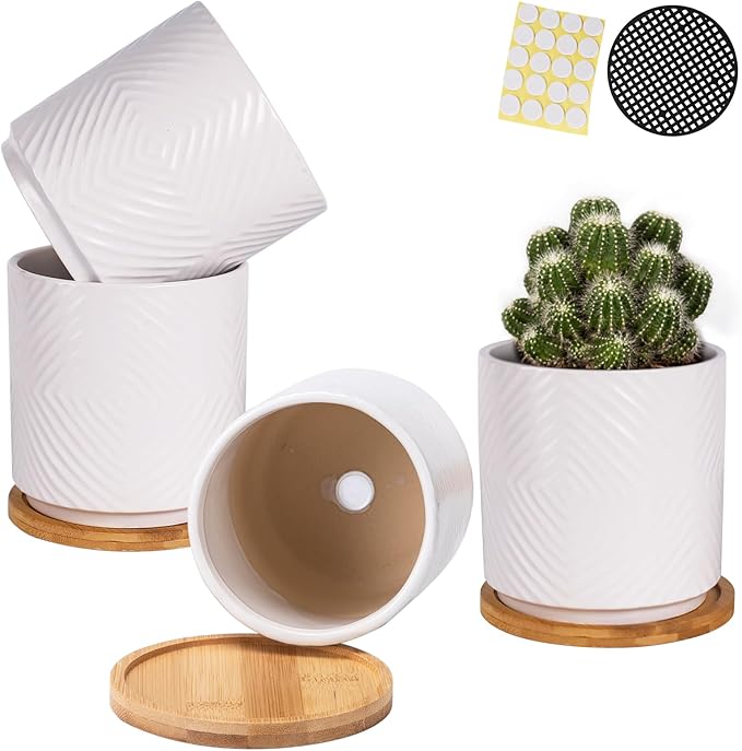 5.25 Inch Ceramic Planter Pot for Indoor Plants with Drainage Holes, Geometry Design White Flower Planter Pots with Bamboo Saucer, for Succulent, Snake Plants, Cactus & Herbs, Set of 4