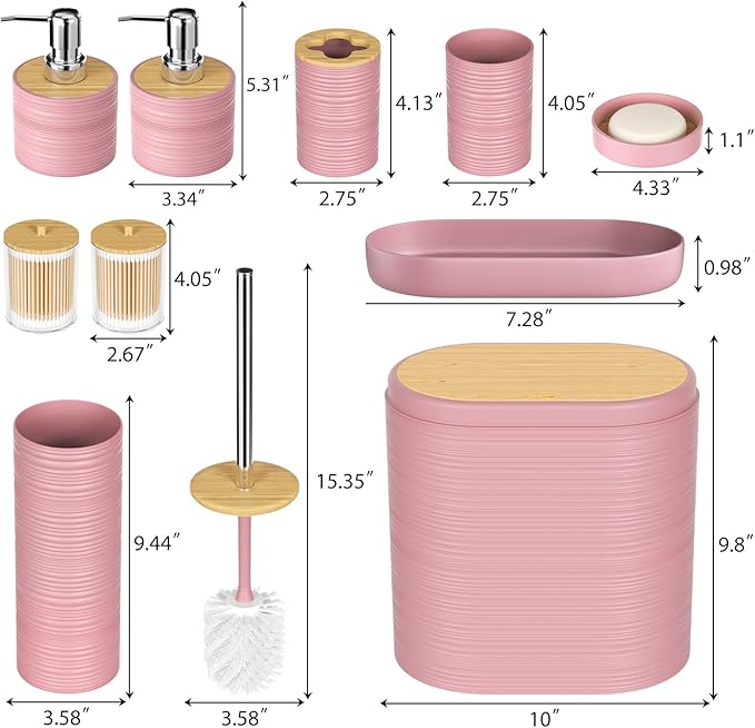 Pink Bathroom Set - 10PC Bathroom Accessories Set, Luxury Bathroom Accessory Set with Trash Can,Toilet Brush & 2 PC Soap Dispensers for Apartment Decor and Housewarming