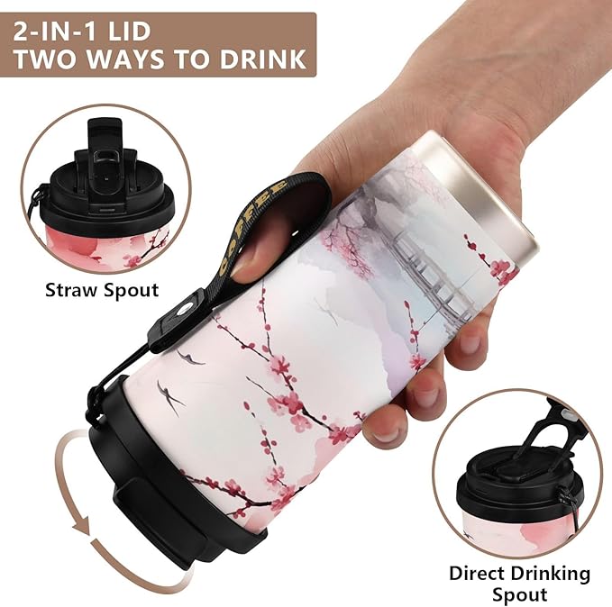 Asian Landscape Pink 17oz Insulated Coffee Mug with Dual-Function Lid, Ceramic Lined Travel Tumbler for Pure Taste, Stainless Steel Water Bottle with Straw, Fits Cup Holders