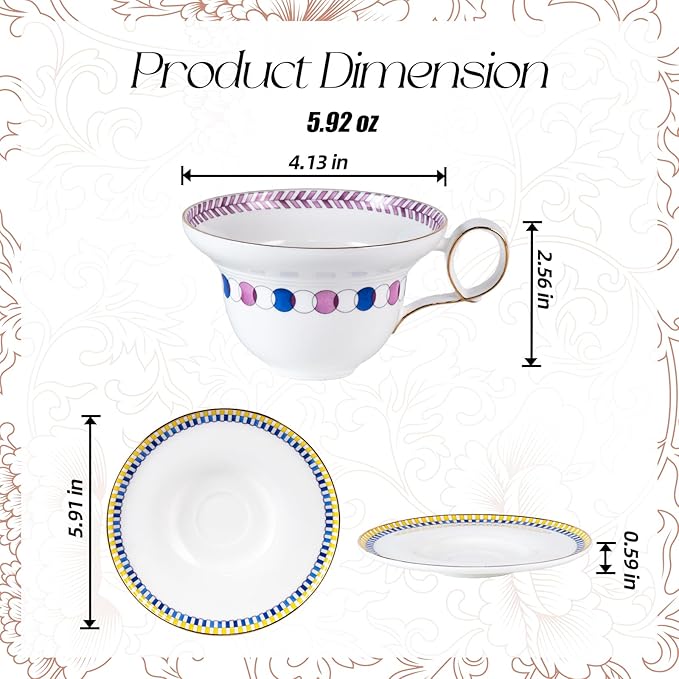 KAMMAK Ceramic Coffee Cups Saucers Set of 2, Porcelain Espresso Cups with Saucers, 5.92 oz Handmade Elegant Bone China Tea Cup, Ceramic Floral Pattern Demitasse for Latte, Americano, Cappuccino