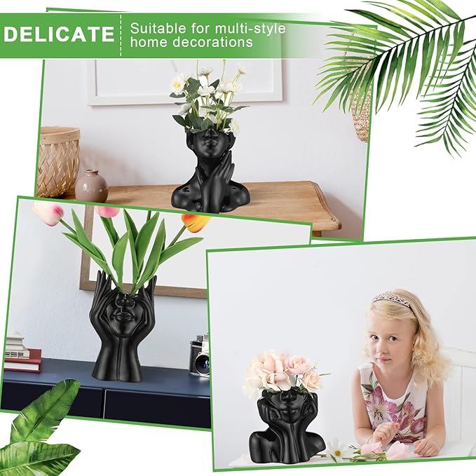 Sieral 3 Pcs Ceramic Face Vase Female Form Flower Modern Body Vase for Decor with Head Half Body Bust Centerpiece for Table Shelf Home Bedroom Room Office(Small,Black)