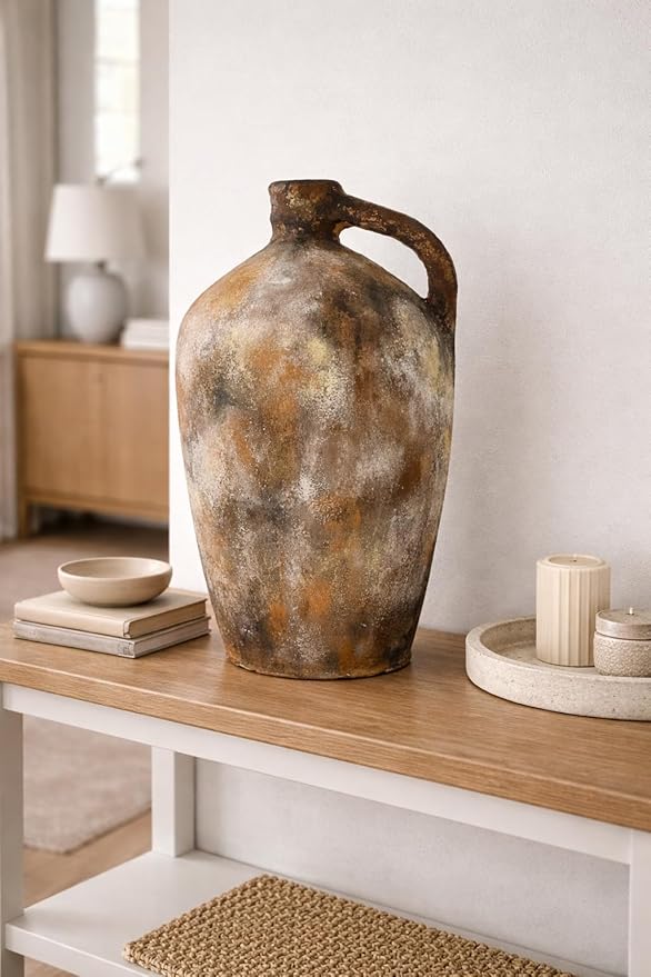 Zorvia Handcrafted 11-Inch Terracotta Jug Vase with Handle – Naturally Pigmented Rustic Earthen Clay Decorative Pot, Artisan Pottery Accent for Farmhouse, Living Room, Bedroom, Shelf & Table Décor