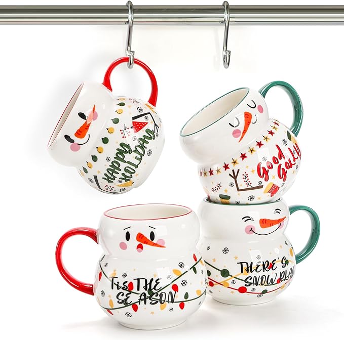 4 Pack Christmas Mugs Set, 15oz Ceramic Snowman Coffee Cup, Stackable Holiday Xmas Tea Mug for Hot Cocoa Cold Water Milk, Housewarming Gift Home Decor, Dishwasher Microwave Safe(4 Styles)