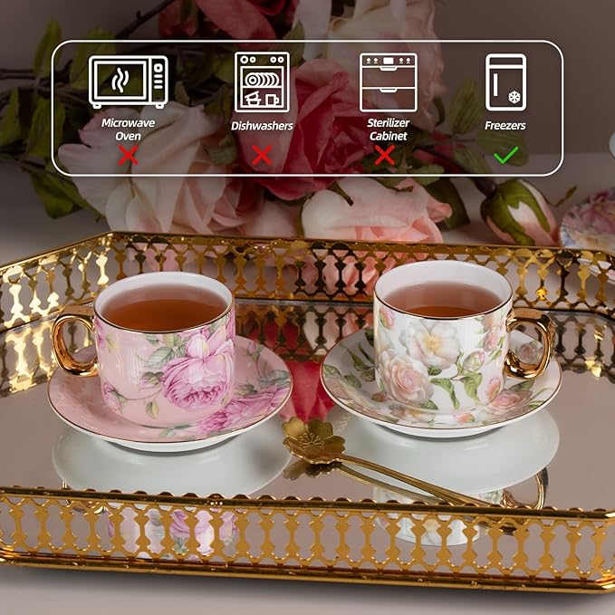 KAMMAK Tea Cups and Saucers Set of 2, Fine Bone China Coffee Cups, Stackable Espresso Mugs, Ceramic Demitasse for Coffee, Cappuccino, Latte, Americano, Tea, White Rose + Beauty Rose