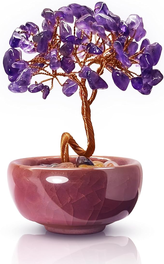 Mini Amethyst Crystals Tree of Life,Mystical Energy Home Office Desk Decor,Handmade Crystal with Copper Wire and Crackle Glaze Base,Spiritual Gift