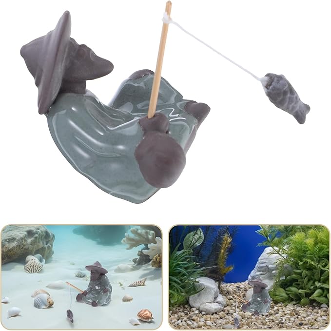 Miniature Bonsai Figurine Fisherman Statue, Ceramic Chinese Pottery Sculpture for Zen Garden Décor, Asian Fisherman Figurine for Aquarium and Indoor Micro Landscape