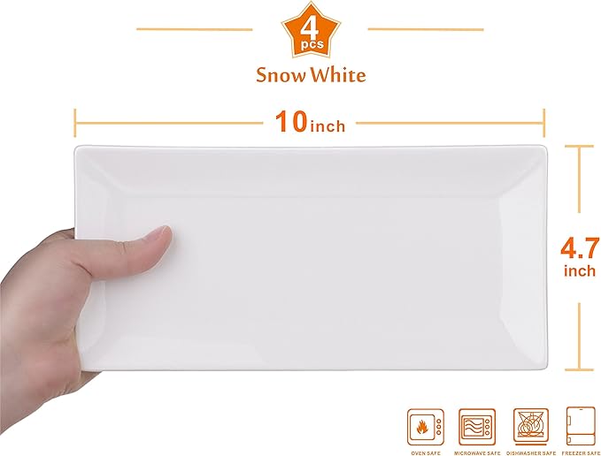 LIFVER Serving Platter, White Rectangle Plates Set of 4, 10 Inches Sushi Plate, Ceramic Serving Trays for Party, Dessert, Appetizer, Steak, Serving Dishes for Entertaining, Dishwasher & Oven Safe