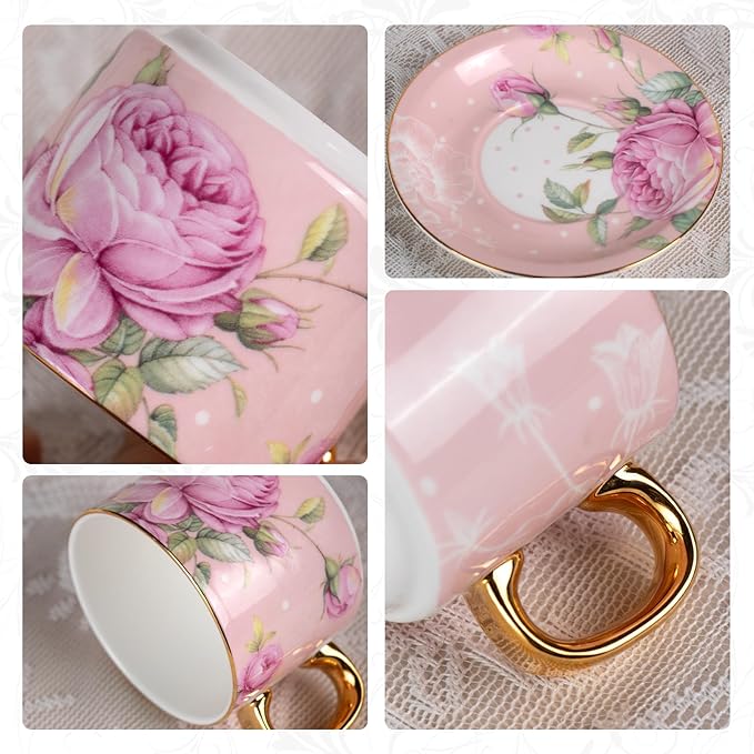 KAMMAK Tea Cups and Saucers Set of 2, Fine Bone China Coffee Cups, Stackable Espresso Mugs, Ceramic Demitasse for Coffee, Cappuccino, Latte, Americano, Tea, White Rose + Beauty Rose