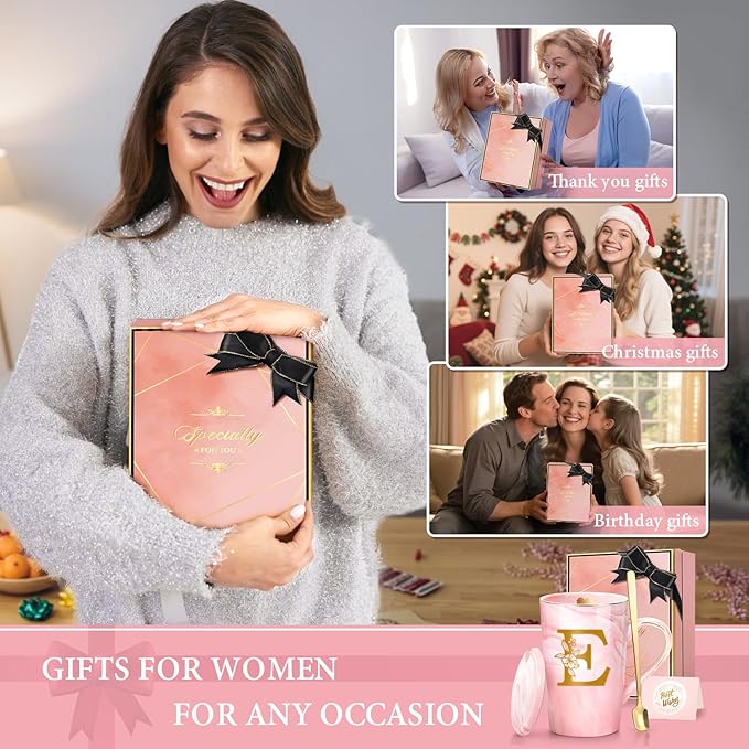 Birthday Gifts for Women, Personalized Ceramic Women Coffee Mug with Lid,14 Oz Pink Initial Mug Customized Gift, Christmas New Moms Mother's Day Gifts for Her Mom Grandma Friend Sister Wife Unique,E