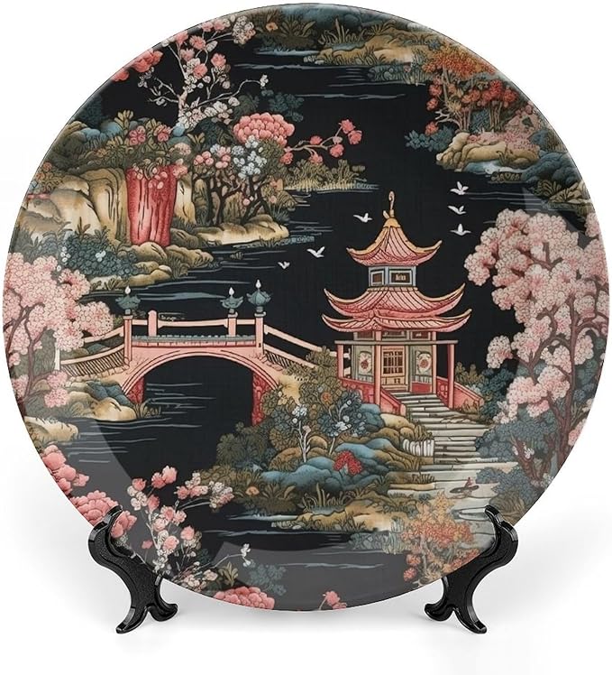 Chinoiserie Charcoal Coral Pagoda Asian China Plates for Display Oriental Chinoiserie Household Kitchen Supplies Table Wall Holiday Party Decorations Customize Gifts for Men Women Thanksgiving