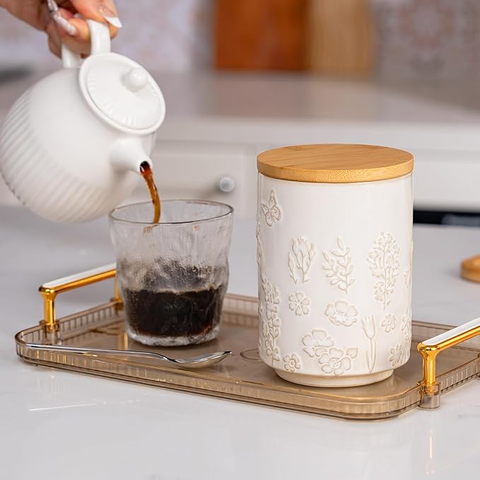 TEATALK Ceramic Canister with Airtight Lid, Perfect for Coffee, Sugar, Tea Storage, 23 Fl Oz, Flower Butterfly