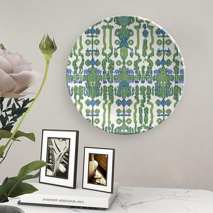 Green And Blue Ikat Plates Ceramic of 6", 7", 9", 10", Personalized Geometry Ikat Exotic Design Collector Plates, Display Farmhouse Decorations Table, 1 Plate with 1 Display Stand