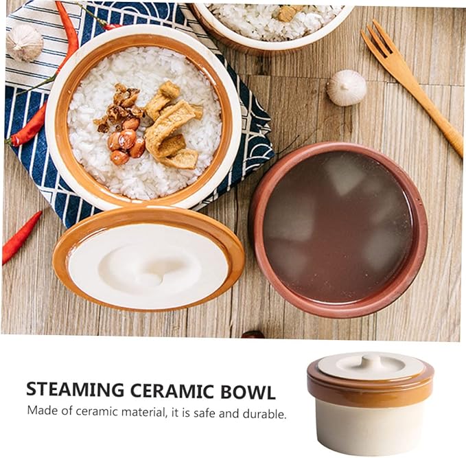 GLEAVI 2pcs Ceramic Stewing Bowl with Lid Heat Resistant Soup Bowl for Home Use for Steaming Rice Pudding and More Tableware for Families and Restaurants