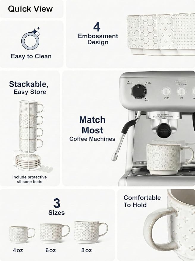 LE TAUCI Stackable Espresso Cups with Saucers and Stand, Set of 4, 4 oz Ceramic Coffee Cup Set for Double Shot, Lungo, Ristretto, Macchiato, Microwave & Oven Safe, Embossed, White