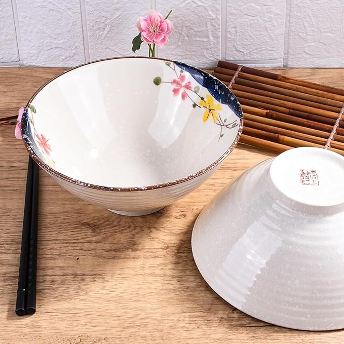 Set of 2 Japanese-Style Ceramic Noodle Bowls – 8.2 Inch Asian-Inspired Soup Ramen Pho Bowls, Microwave & Dishwasher Safe, Handcrafted Floral Design, Premium Dining Essentials for Home & Gifts