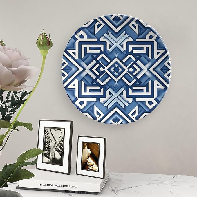 Navy Blue Geometric Ceramic Decorative Plate, Custom Bone China Decorative Plate for Festival Kitchen Table Decor, Unique Art with Stand Art Decorations for Club Farmhouse