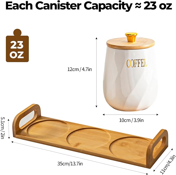 Ceramic Canister Set of 3 for Sugar Coffee Tea with Tray, White Airtight Food Storage Jars with Wood Lids, Kitchen Counter Storage Containers - 23oz