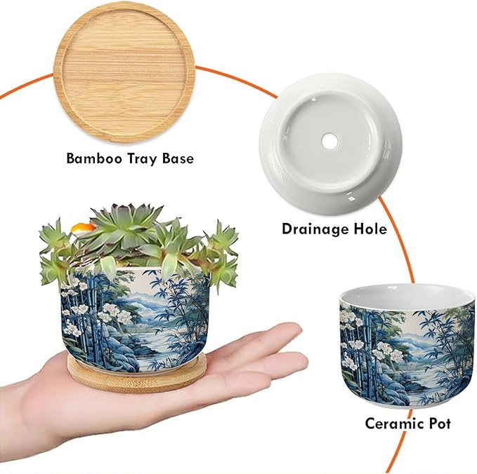 Blue and White Asian Scenery Ceramics Plant Pot Set of 3 Blue Bamboo and Flower Cactus Planter for Indoor with Drainage Holes Asian Scenery Chinoiserie Small Ceramics Pots for Plants