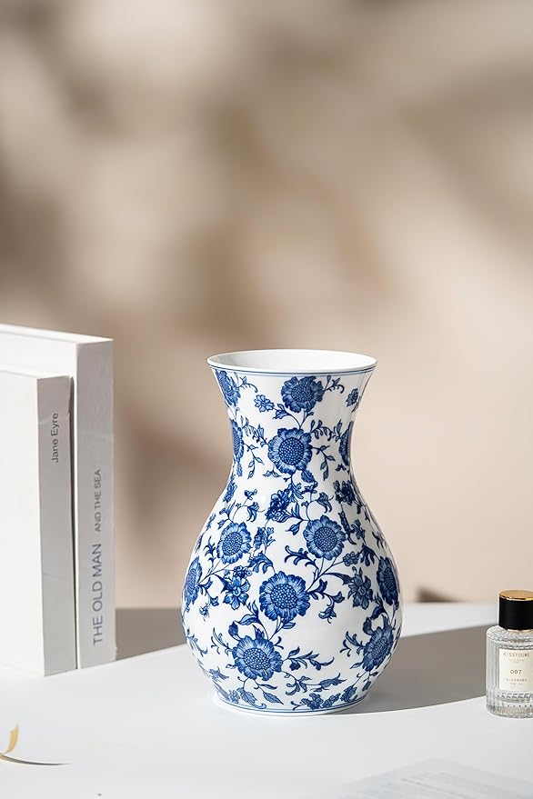 Blue and White Vase, Blue Sunflower Pattern Vase, Chinoiserie Vase, Blue and White Ginger Jar Vase for Home Decor,Flower Vase, Blue and White Porcelain Décor,11" H