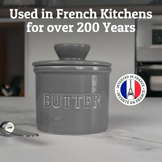 PriorityChef Butter Crock with Lid with Water Line, Ceramic French Butter Dish to Leave On Counter, Grey