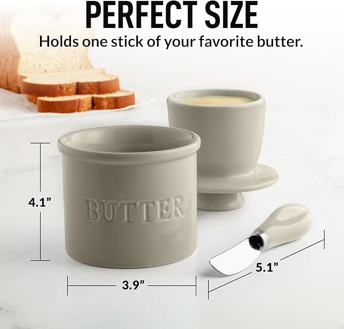 Zulay Kitchen Bell Shaped Butter Crock with Lid for Countertop with Water Line & Spreader Knife, Ceramic French Butter Dish Keeper For Fresh, Soft & Spreadable Butter - Stone Gray