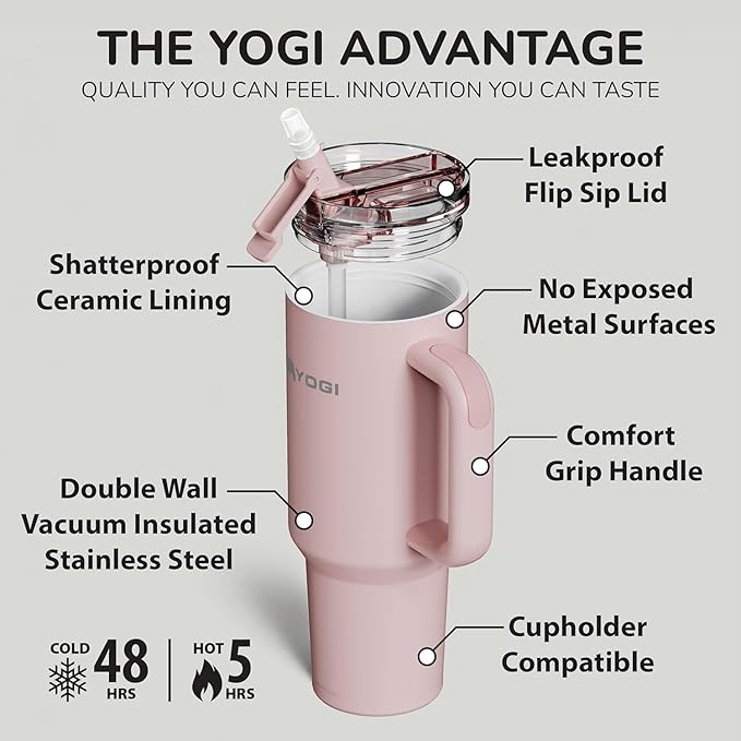 YOGI Ceramic Lined Metal Allergy Safe 40oz Tumbler with Handle and Straw Leakproof Flip & Sip Lid Vacuum Insulated Stainless Steel Travel Cup for Iced Coffee Water and All-Day Hydration 40oz Peonypink