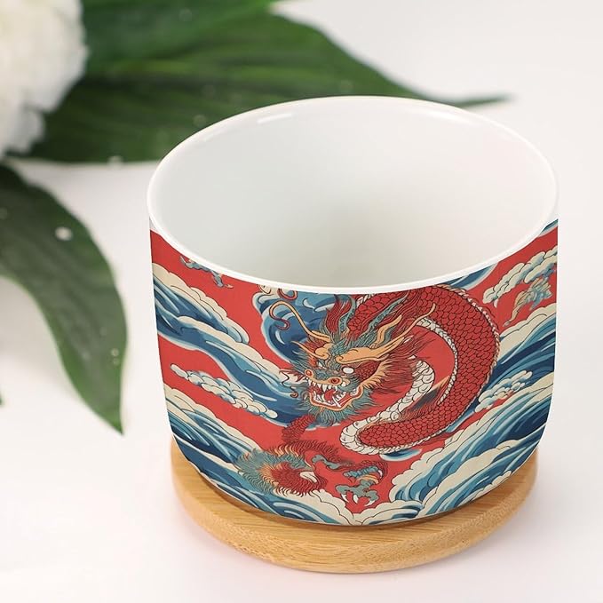 Red and Auqa Dragon Small Ceramics Pots for Plants Set of 2 Chinoiserie Dragon Ceramics Planter with Drainage Holes Chinoiserie Succulents Plant Pot