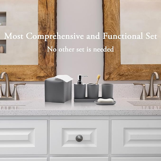 Bathroom Accessory Set - 10 Piece Grey Bathroom Accessories Set with Trash Can, Toothbrush Holder and Cup, Soap Dispenser, Soap Dish, Toilet Brush Holder, Vanity Tray, Qtip Holder, Tissue Box Cover