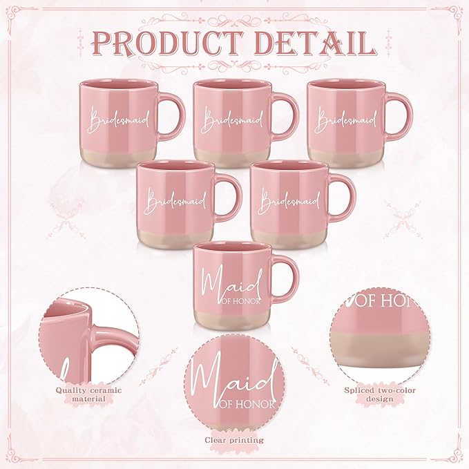 42 Pcs 6 Sets Wedding Favors Bridesmaid Proposal Gifts Maid of Honor Ceramic Coffee Cups Cosmetic Makeup Bags Invited Cards Scrunchies Knotted Bracelets Jewelry Bags Hair Claw Clips(Pink)