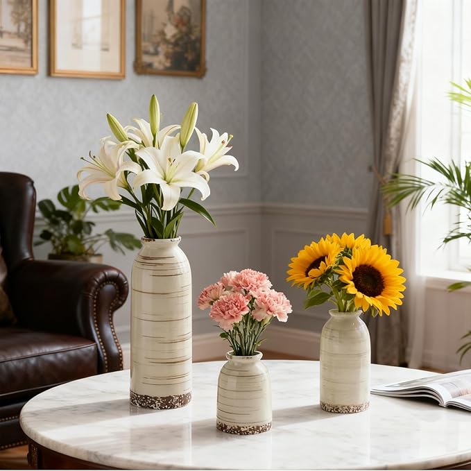 Rustic Ceramic Vase Set of 3 - Beige Rustic Vases for Flowers,Farmhouse Flower Vases for Home Decor,Small Decorative Vase Set for Living Room,Table Shelf,Centerpieces and Fireplace Decorations