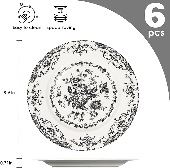 Salad Plates, 8.5 Inch Ceramic Plates Set of 6, Kitchen Plate Microwave Safe, White Porcelain Dessert Plate Porcelain Serving Dishes, Black