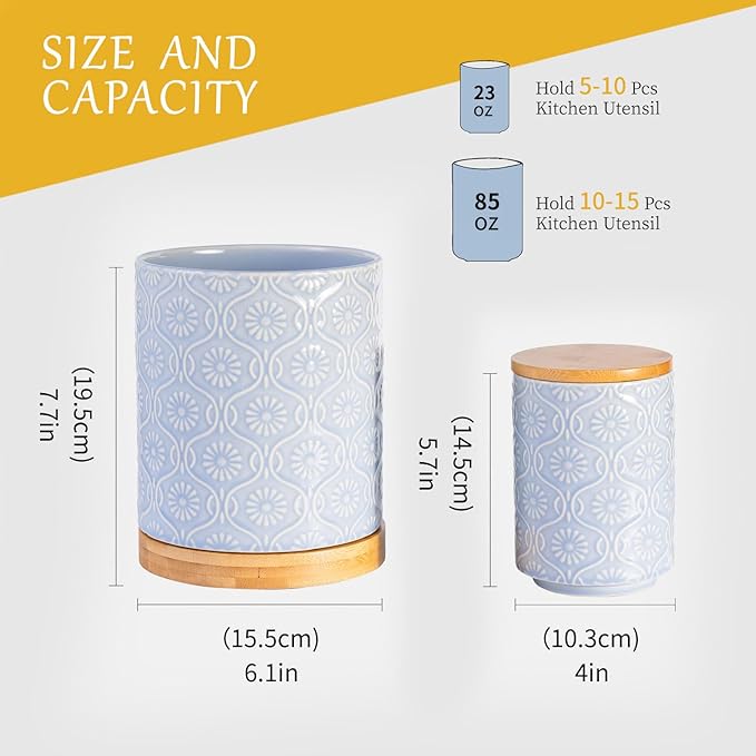 TEATALK Ceramic Utensil Holder Set, 360° Rotating Organizer for Countertop, Farmhouse Vintage Style, Large and Small Crocks in Light Blue，7.7"+5.7", Light Blue