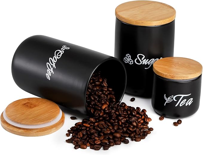 TOPZEA Black Ceramic Canister Set of 3, Coffee Sugar Tea Cylinder Containers Set with Bamboo Airtight Lid, Pantry Organization Kitchen Canisters Food Storage Jars for Countertop, Coffee Station