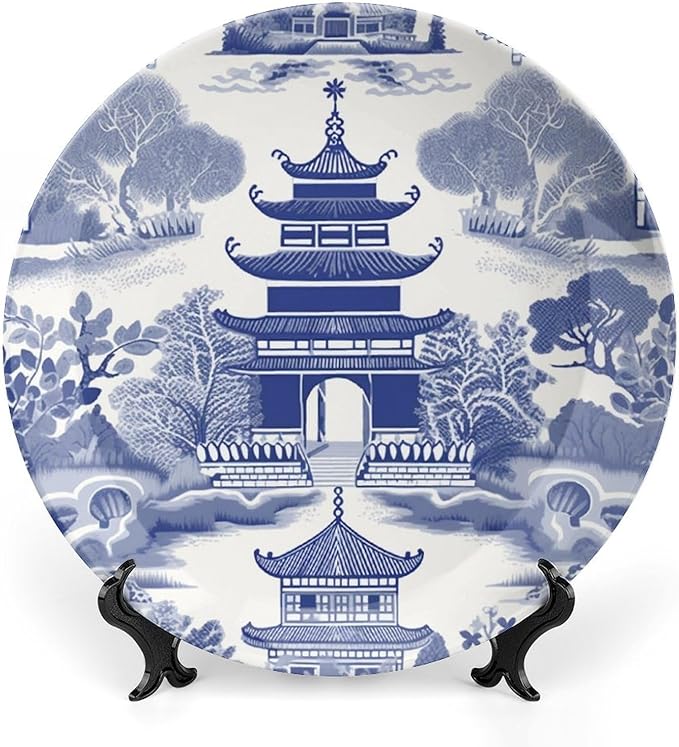 Chinoiserie Blue Asian Pagoda Decorative Plate of 6", 7", 9", 10", Personalized Hand Painted Wall Hanging Decor, Club Festival Decorations Household, Unique Art with Stand