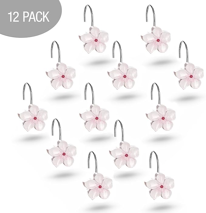 Creative Scents Vanda Cherry Blossom Shower Curtain Hooks Decorative Set of 12 Flower Shower Curtain Rings for Curtain - White and Pink Shower Hooks Bathroom Accessories Decor