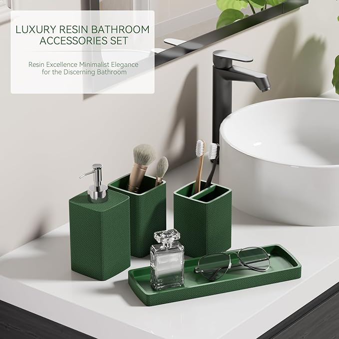 Green Bathroom Set, Dark Green Bathroom Accessories Set with Shower Curtain and Rugs, Bath Towel Sets, Natural Loofah Sponge, Soap Dispenser, Toothbrush Holder, Bathroom Tumbler and Tray for Bathroom
