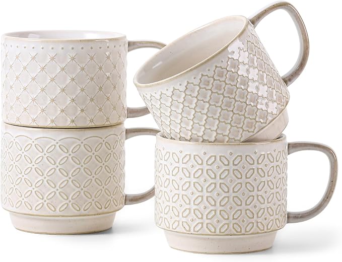 DOWAN 4 Ounce Porcelain Stackable Espresso Cups with Saucers Set of 4, White Espresso Cups for Home, Office and Cafe Use