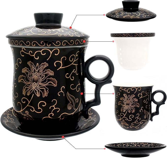 Porcelain Tea Cup with Infuser Lid and Saucer Sets - Chinese Jingdezhen Ceramics Coffee Mug Teacup Loose Leaf Tea Brewing System for Home Office