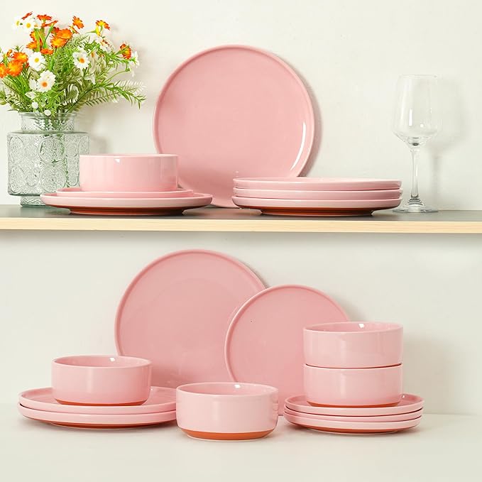 10.25-Inch Dinner Plates Set of 4, Dual Glaze Stoneware Plates, Microwave and Dishwasher Safe, Ceramic Plates for Everyday Dining, Pink