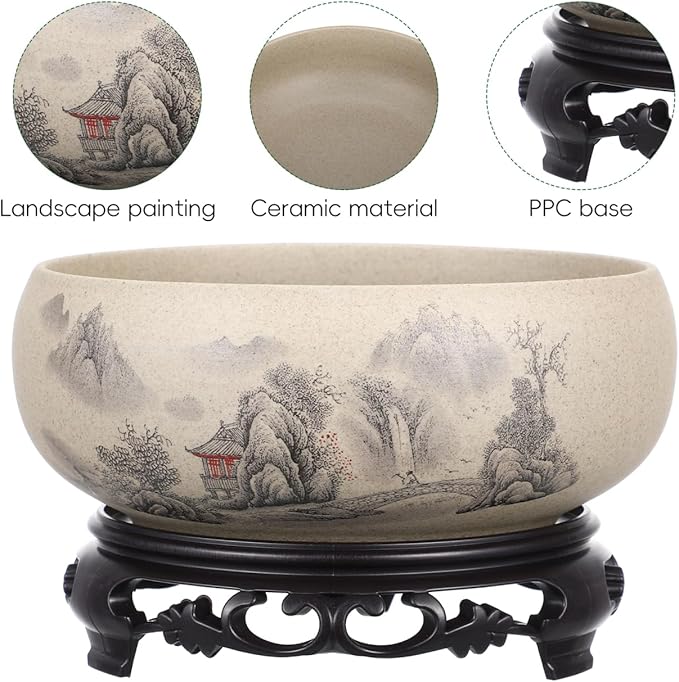 DOITOOL Blue and White Porcelain Planter with Ceramic Base 6.69In Lotus Flower Pot Indoor Hydroponic Bonsai Decorative Plant Container for Home Garden Office
