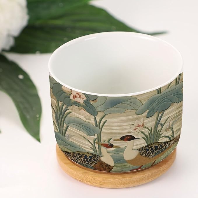 and Duck Garden Small Ceramics Pots for Plants Set of 5 Green Water Lily Chinoiserie Flower Ceramics Plant Pot with Drainage Bamboo Trays Chinoiserie Chic Planter for Succulents