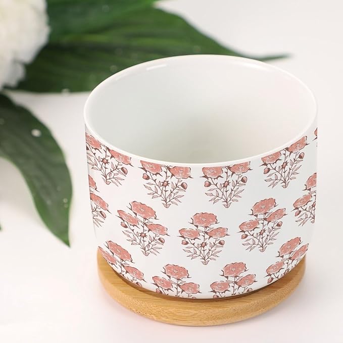 Set of 2 Watercolor Chinoiserie Floral Small Pots for Succulents Coral Orange Flower Ceramics Plant Pot with Drainage Bamboo Trays Asian Scenery Chinoiserie Cactus Pot