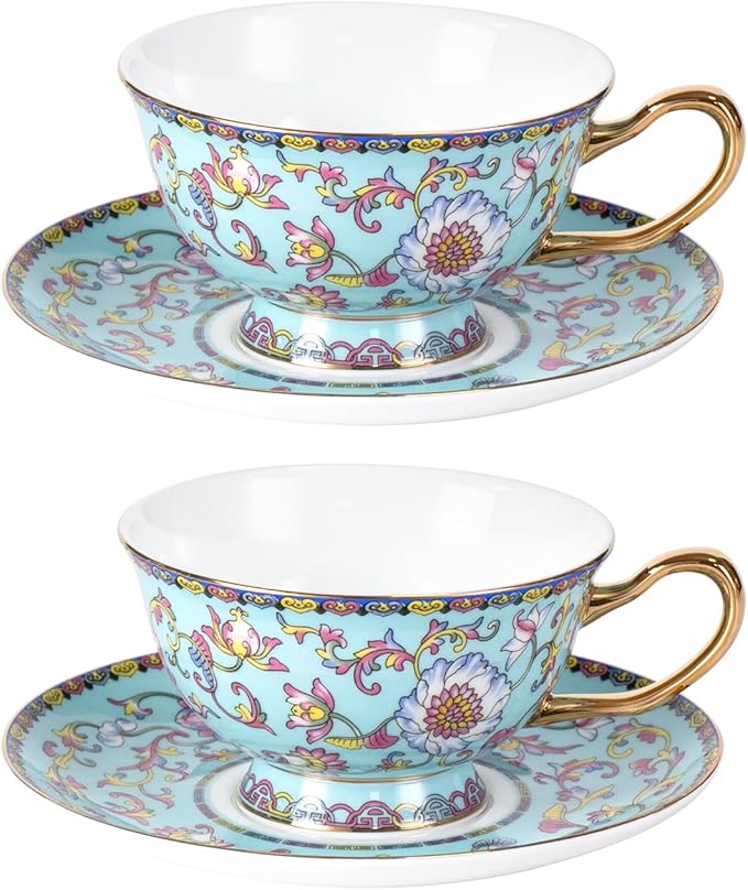 KAMMAK Tea Cups and Saucers Set of 2, Fine Bone China Coffee Cups, Stackable Espresso Mugs, Ceramic Demitasse for Coffee, Cappuccino, Latte, Americano, Tea, Full Bloom Blue