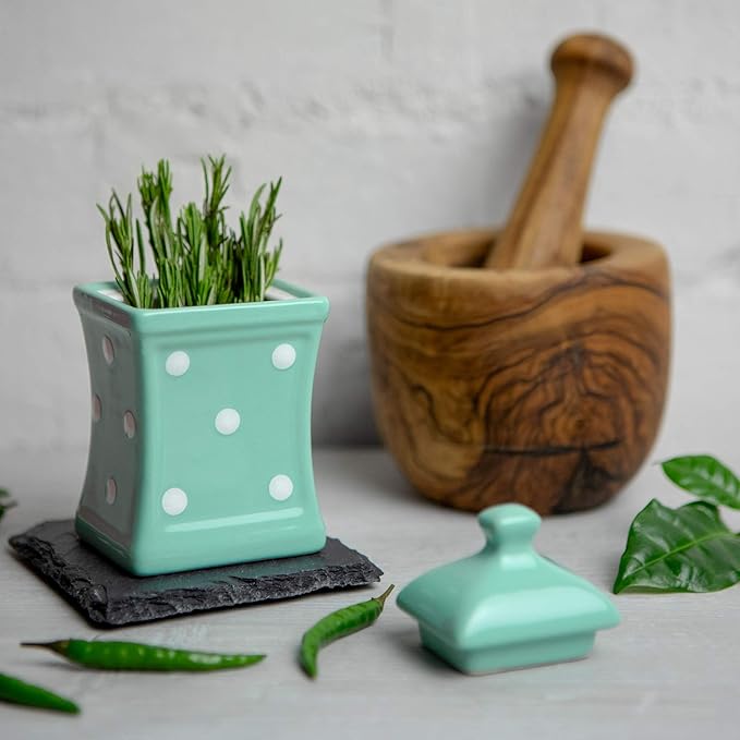 City to Cottage Handmade Teal Blue and White Polka Dot Small 5.3oz/150ml Ceramic Kitchen Herb, Spice, Storage Jar with Lid, Pottery Canister, Housewarming Gift