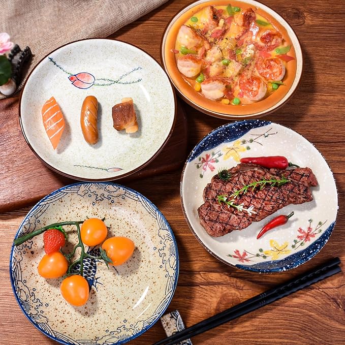 7 Inch Japanese Retro Ceramic Dinner Plates Set of 4 Asian-Inspired Dinnerware with Unique Hand-Painted Patterns, Microwave & Dishwasher Safe